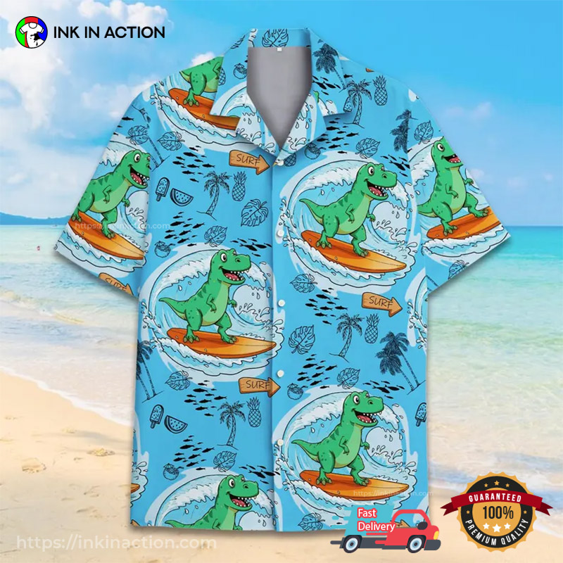 Tropical Dinosaur Surfing Hawaiian Shirt Tropical Dinosaur Surfing Hawaiian Shirt