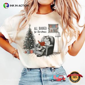 All Booked for Christmas Bookish Cat Comfort Colors Tee 2 InkInAction.com