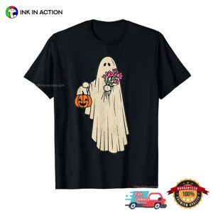 Ghost Holding Flower Pumpkin Halloween Spooky Season T Shirt 3