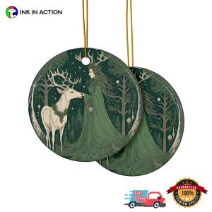 Yule Witch And Reindeer Green Earth Ornament