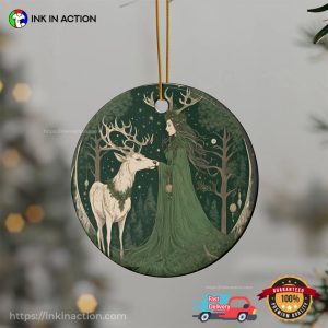 Yule Witch And Reindeer Green Earth Ornament