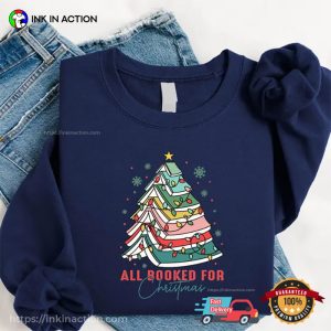 All Booked For Christmas, Christmas Tree Book Stack Shirt 2 InkInAction.com