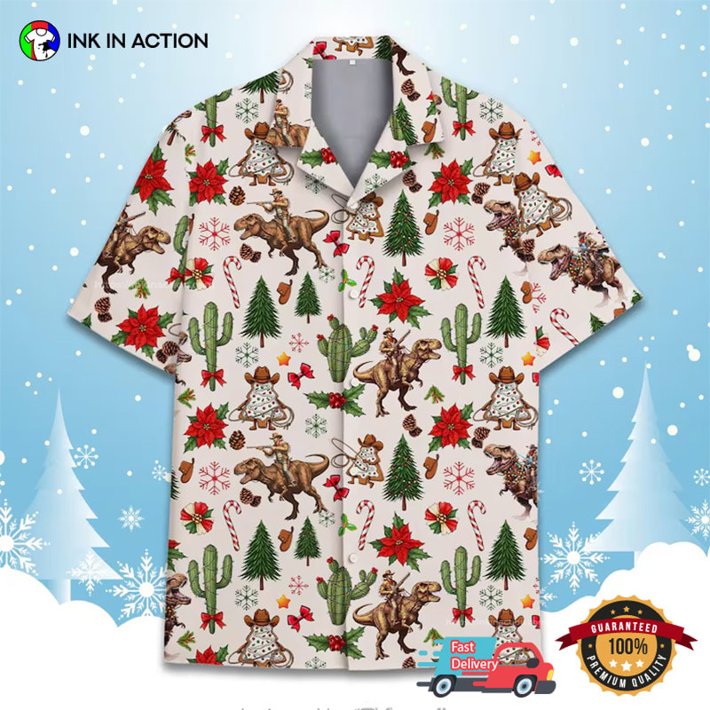 Cowboy Riding Dinosaur T-rex, Western Christmas Hawaiian Shirt Cowboy Riding Dinosaur T-rex, Western Christmas Hawaiian Shirt