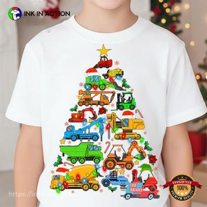 Kids Construction Truck Christmas Tree Cars T-shirt