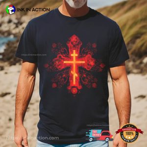 Red Gold Cross In Russian Animation Style Orthodox Christian T-Shirt