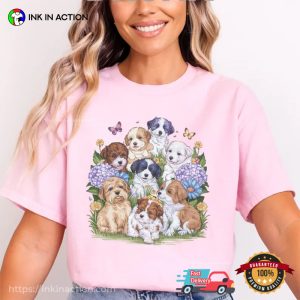 Cute Puppies And Flowers Art Tee 1