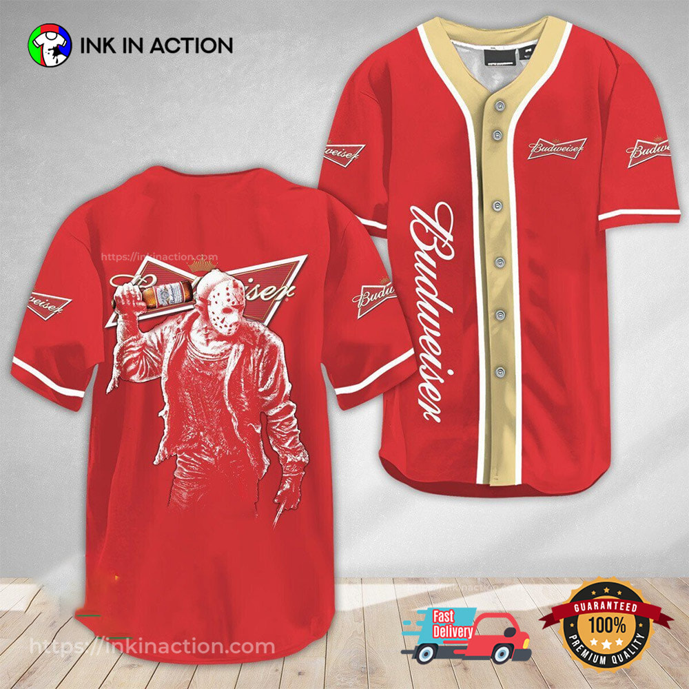 Jason Voorhees Friday The 13th Budweiser Baseball Jersey Jason Voorhees Friday The 13th Budweiser Baseball Jersey