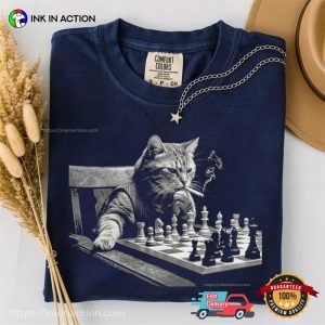 Smoking Cat Playing Chess Funny Meme Comfort Colors Shirt