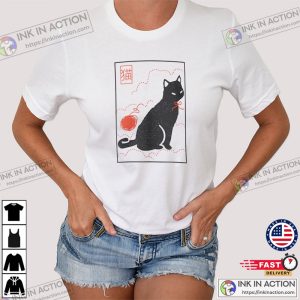 Black Cat And Ball Of Yarn Japanese Style Art Tee