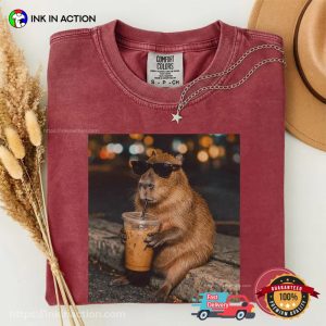 Funny Capybara Drinking Iced Coffee Comfort Colors Shirt