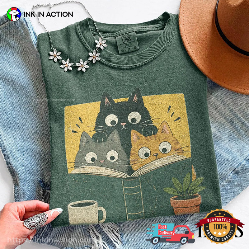 Retro Curious Reading Cats Anime Style Comfort Colors Shirt Retro Curious Reading Cats Anime Style Comfort Colors Shirt